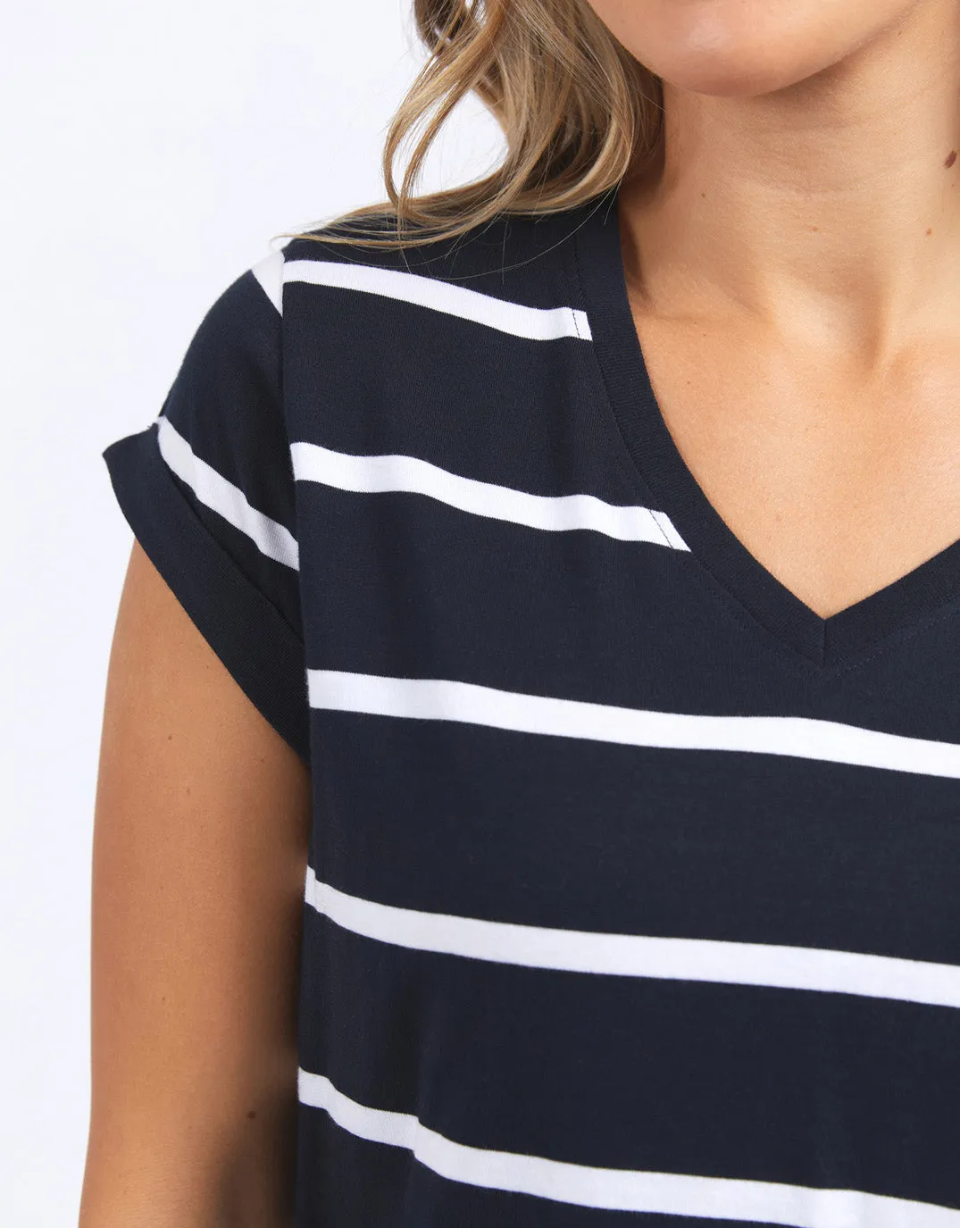 Manly Stripe Vee Tee - Navy & White Stripe