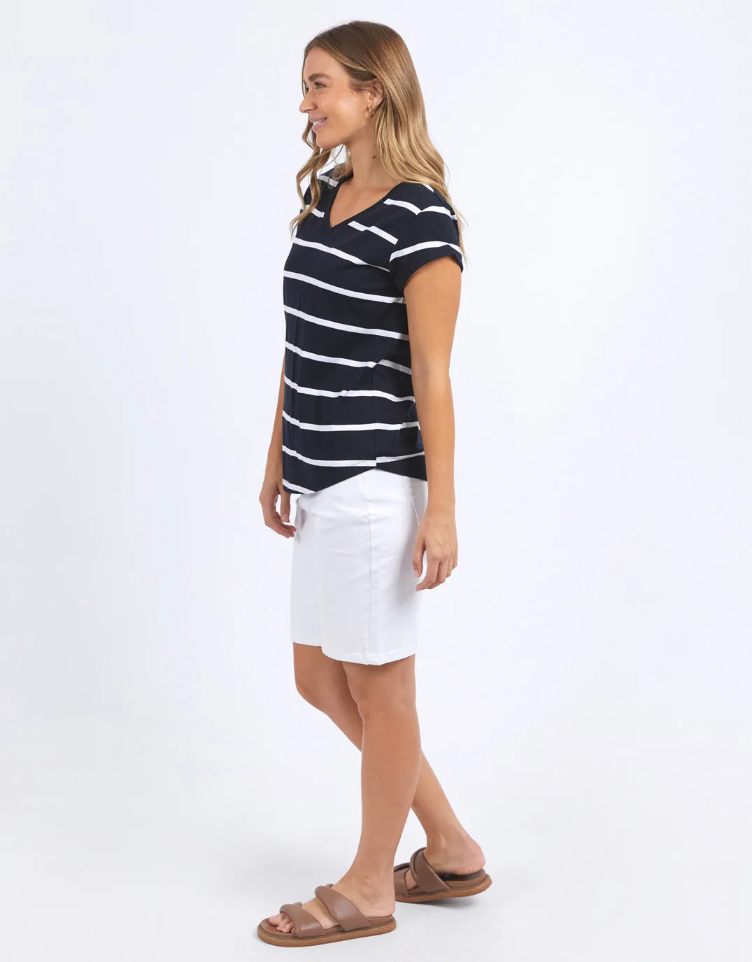 Manly Stripe Vee Tee - Navy & White Stripe