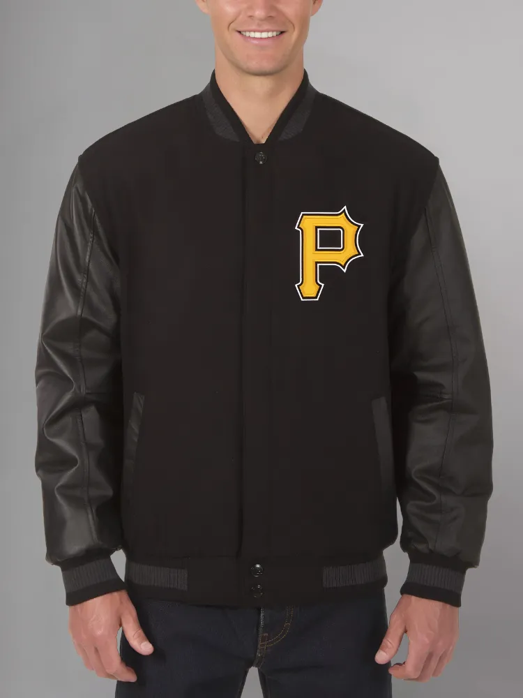 Mens Majestic Pittsburgh Pirates Letterman Bomber Black Jacket