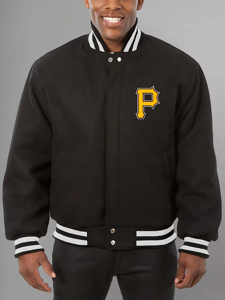 Mens Majestic Pittsburgh Pirates Letterman Bomber Black Jacket