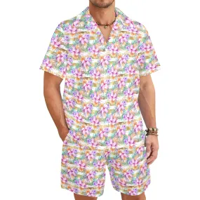 Men's Shirt & Shorts Set Hibiscus Stripes Men's Shirt and Shorts Outfit (Set26)