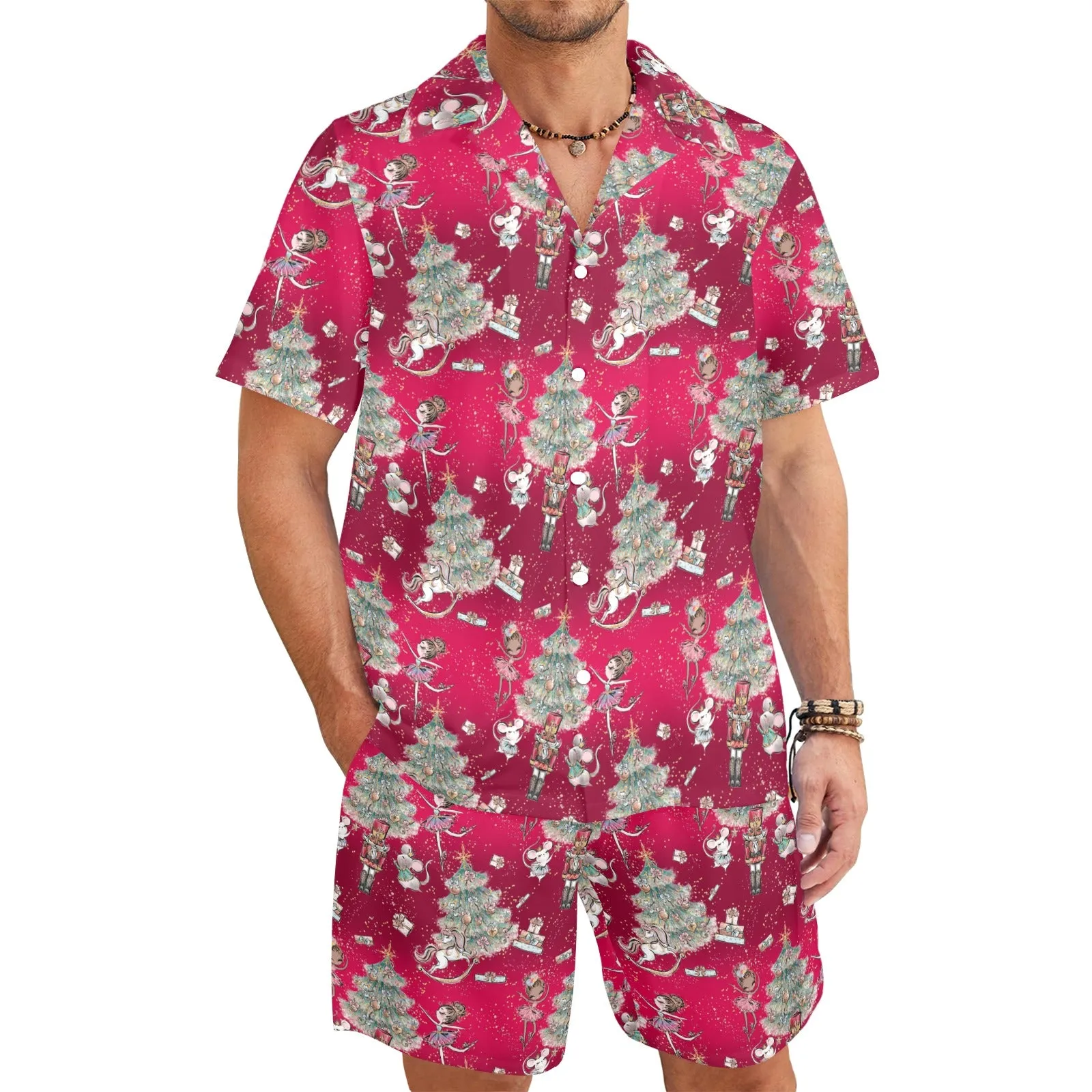 Men's Shirt & Shorts Set Red Sugar Plum Xmas Men's Shirt and Shorts Outfit (Set26)