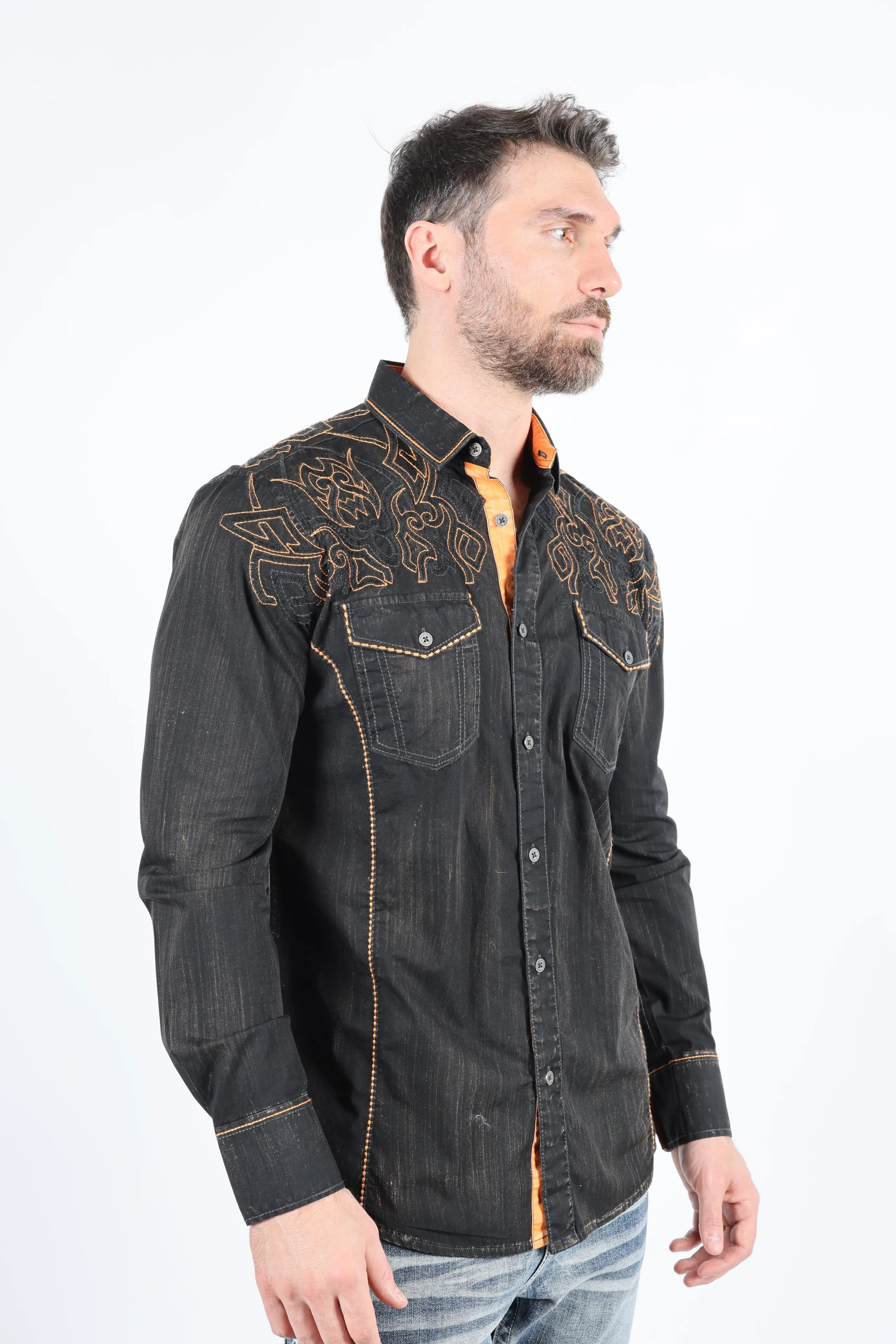 Mens Vintage Washed 2-tone Embroidery Modern Fit Stretch Shirt