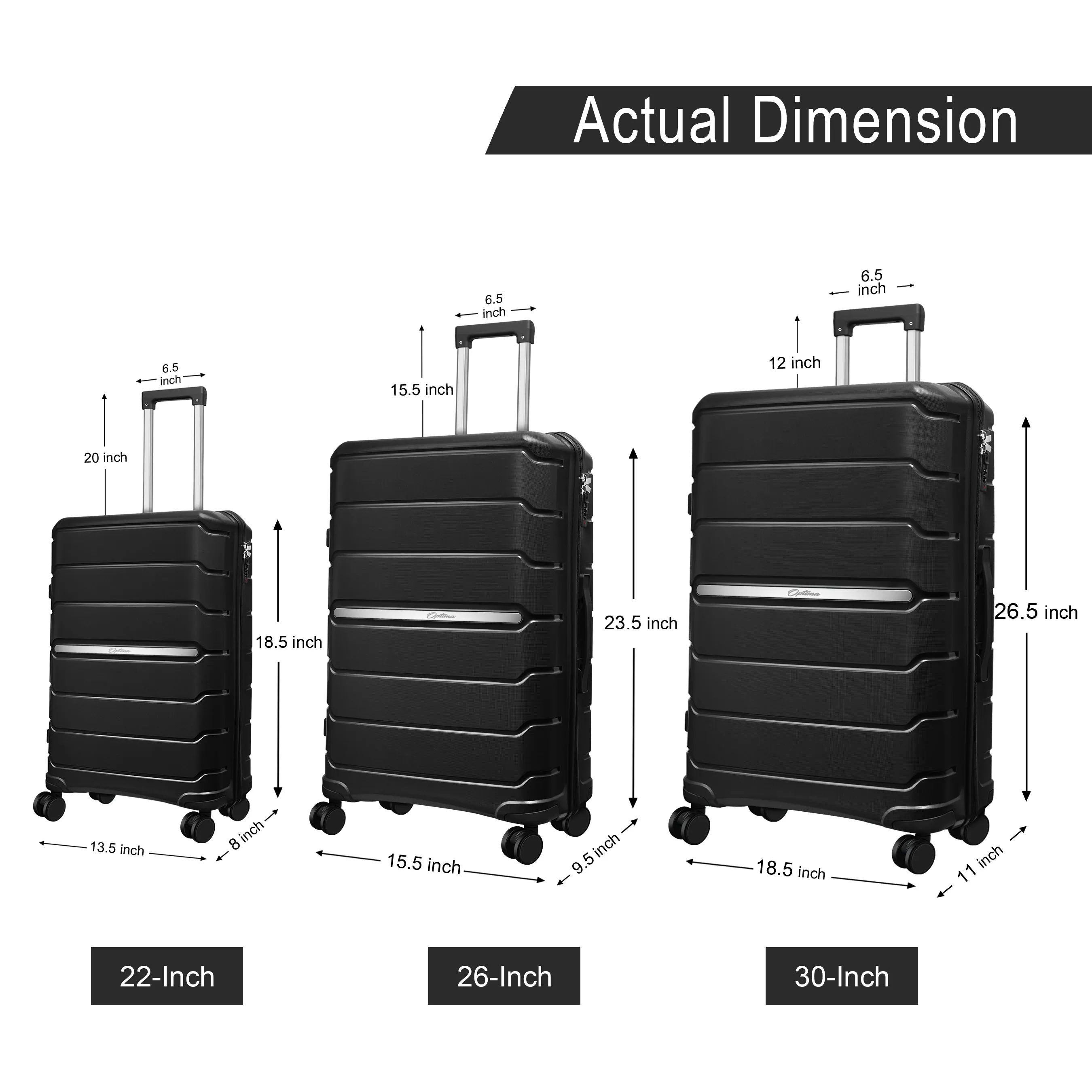 OPTIMA Zenith Hardside Expandable Luggage with Spinners, Black, 3PC SET (Carry-on/Medium/Large) (Black)