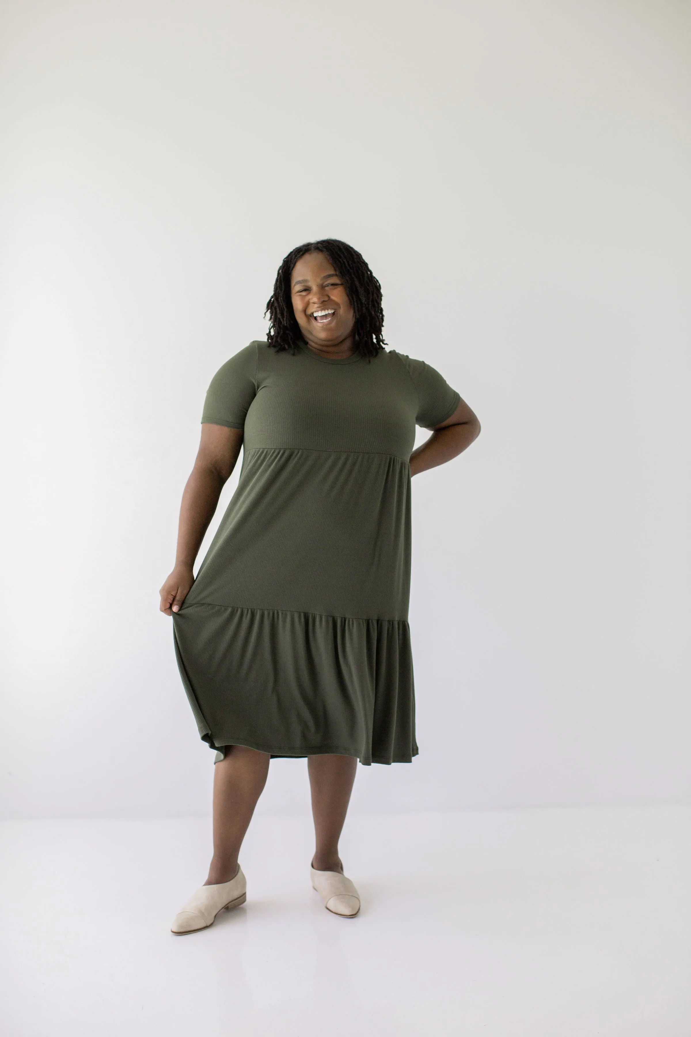 Plus 'Josie' Ribbed Tiered Midi Dress in Deep Olive