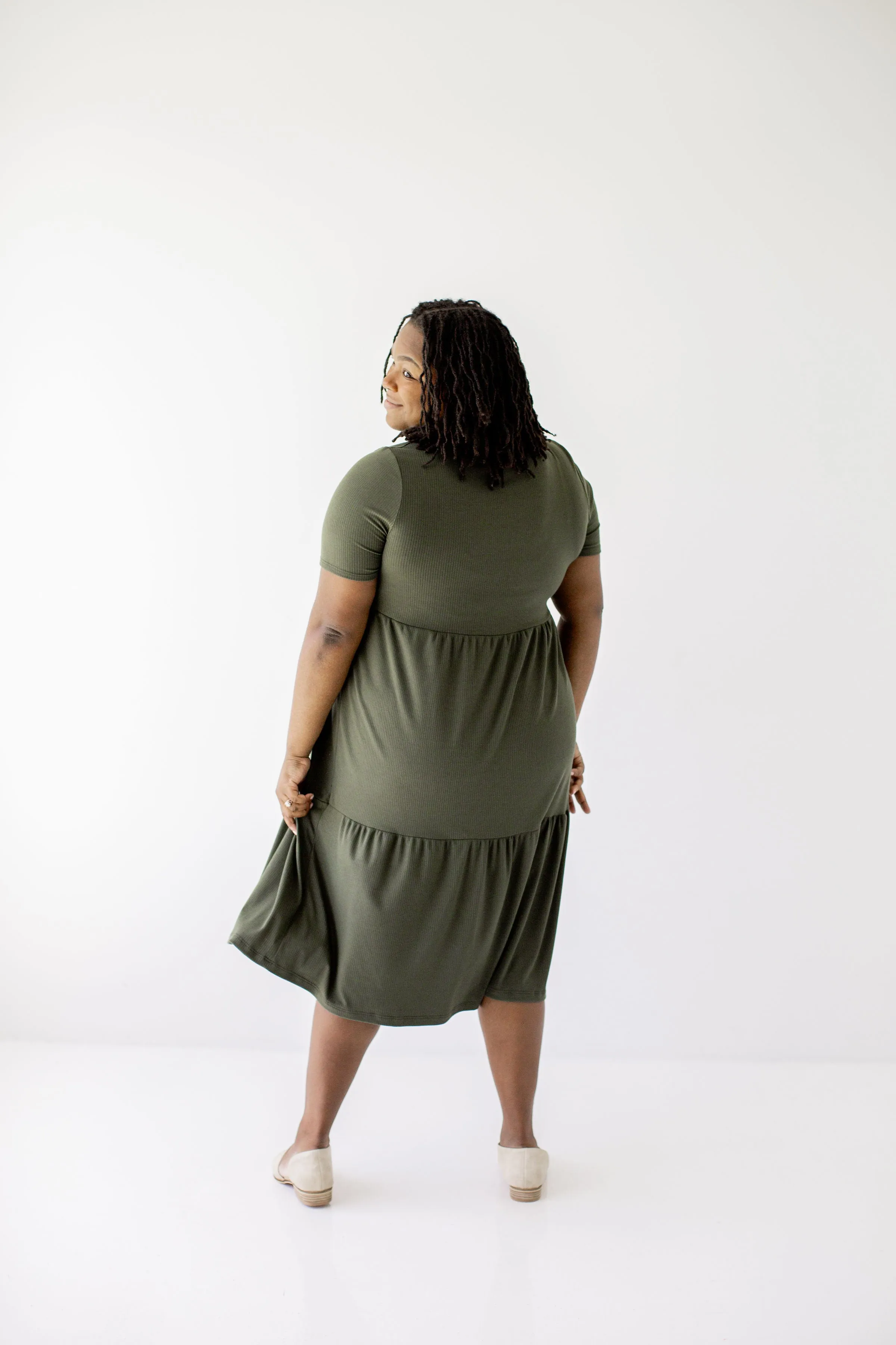 Plus 'Josie' Ribbed Tiered Midi Dress in Deep Olive