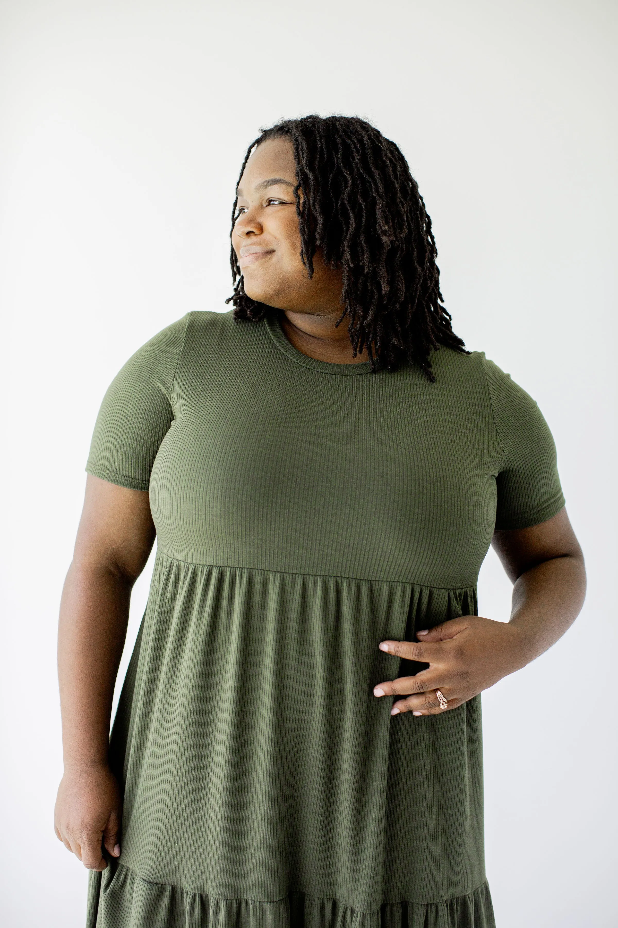 Plus 'Josie' Ribbed Tiered Midi Dress in Deep Olive