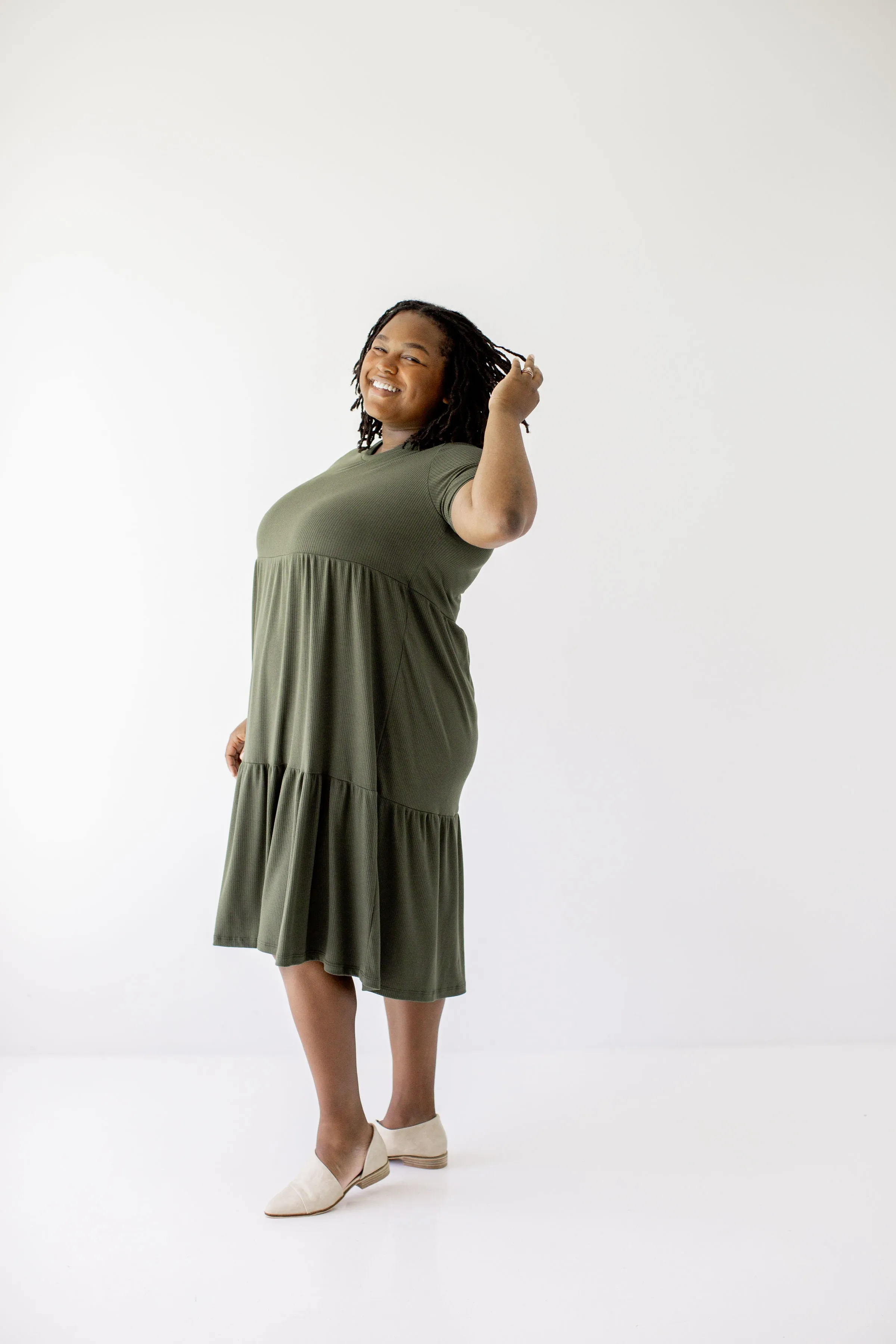 Plus 'Josie' Ribbed Tiered Midi Dress in Deep Olive