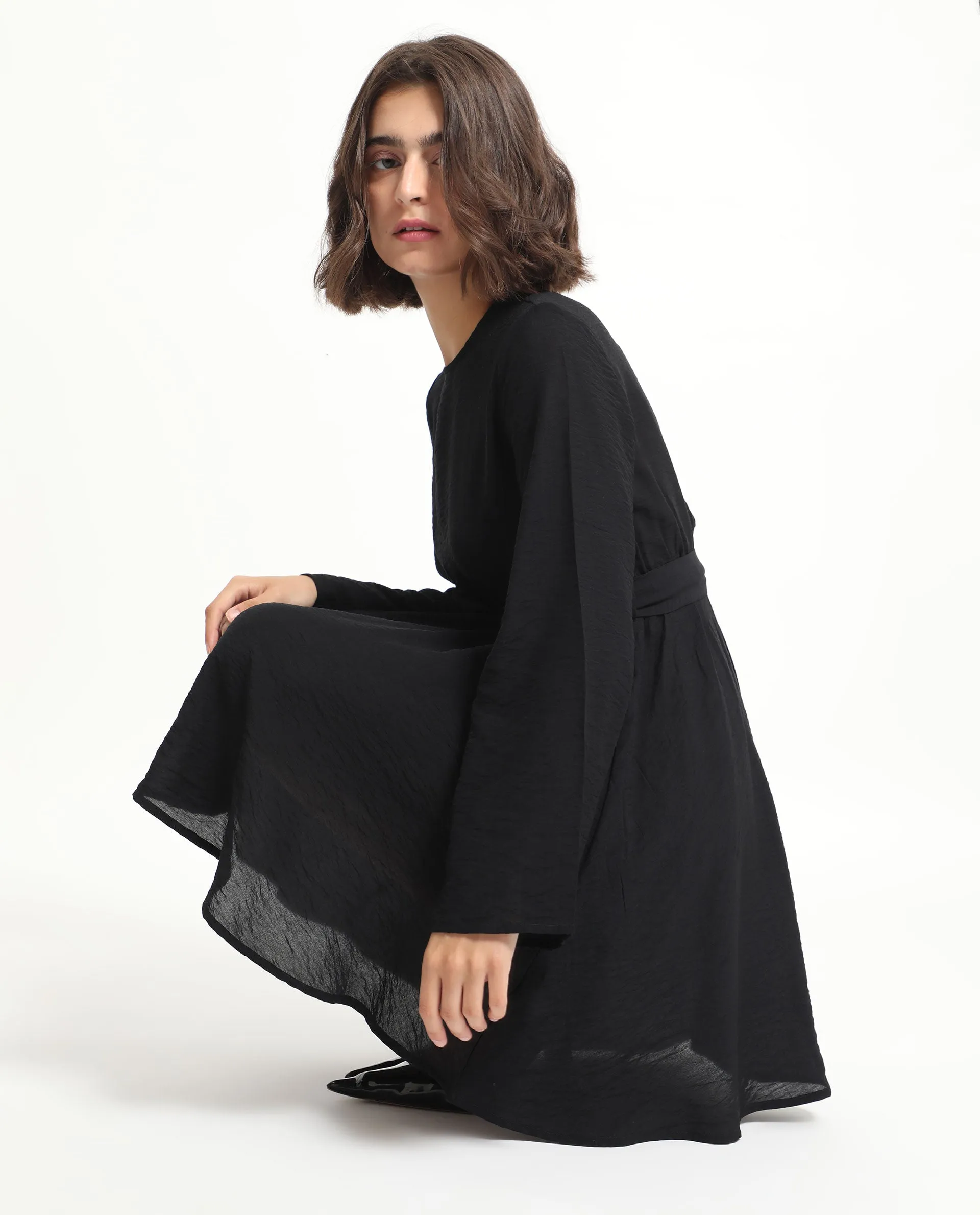 Rareism Women Sahar Black Viscose Nylon Fabric Full Sleeves Zip Closure Round Neck Raglan Sleeve Fit And Flare Plain Knee Length Empire Dress