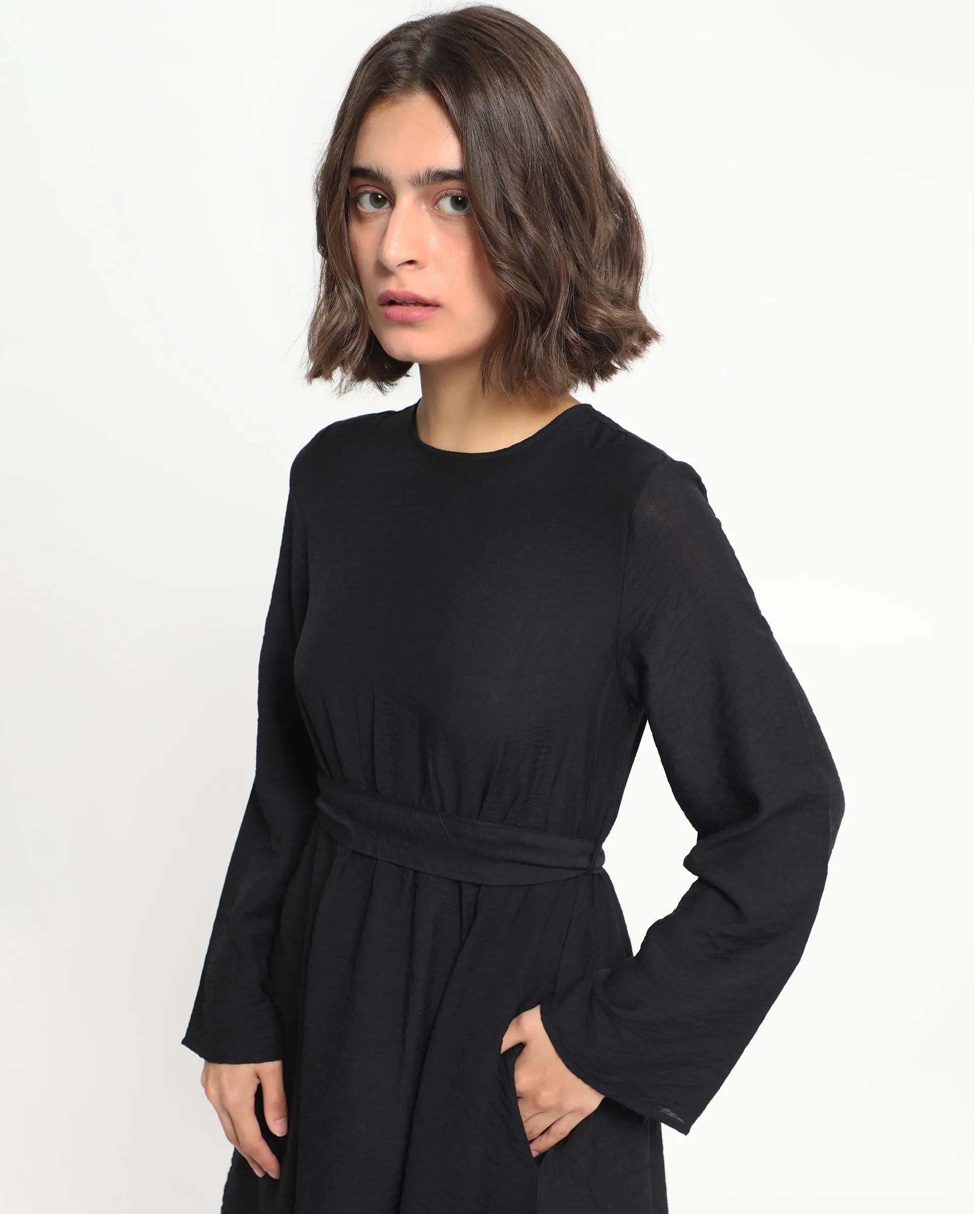 Rareism Women Sahar Black Viscose Nylon Fabric Full Sleeves Zip Closure Round Neck Raglan Sleeve Fit And Flare Plain Knee Length Empire Dress