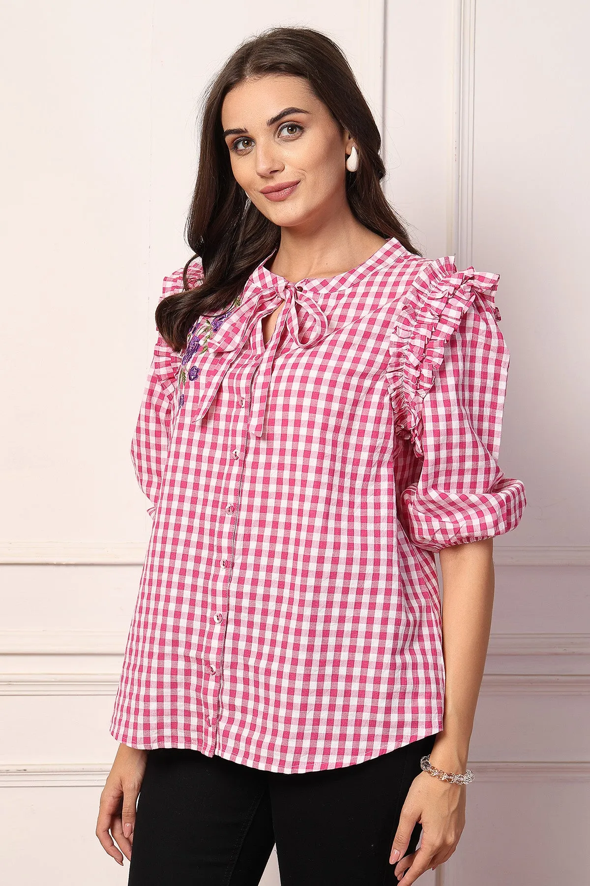 Ruffled Rosy Pink and White Checkered Zipless Feeding Maternity Top