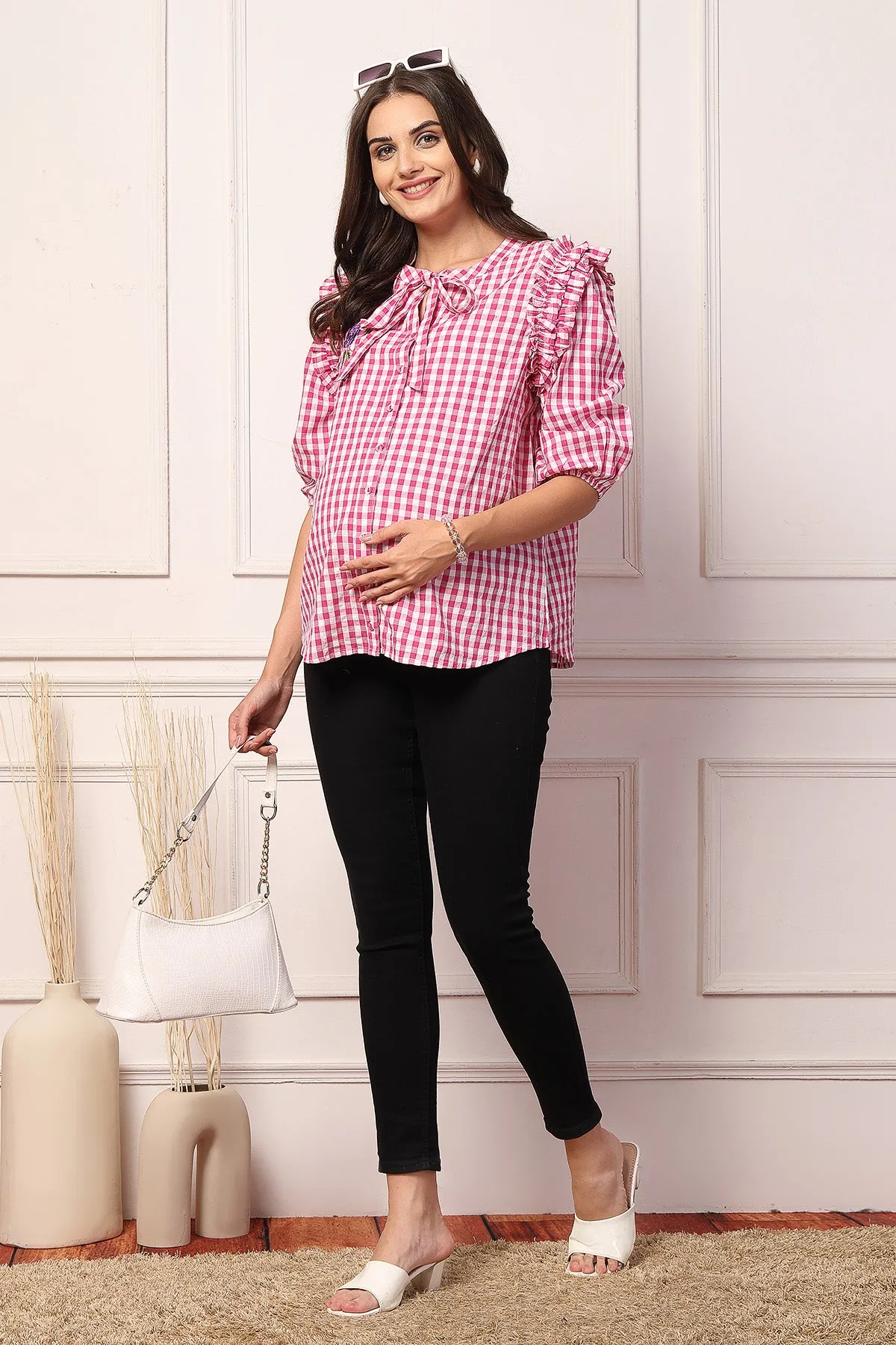 Ruffled Rosy Pink and White Checkered Zipless Feeding Maternity Top