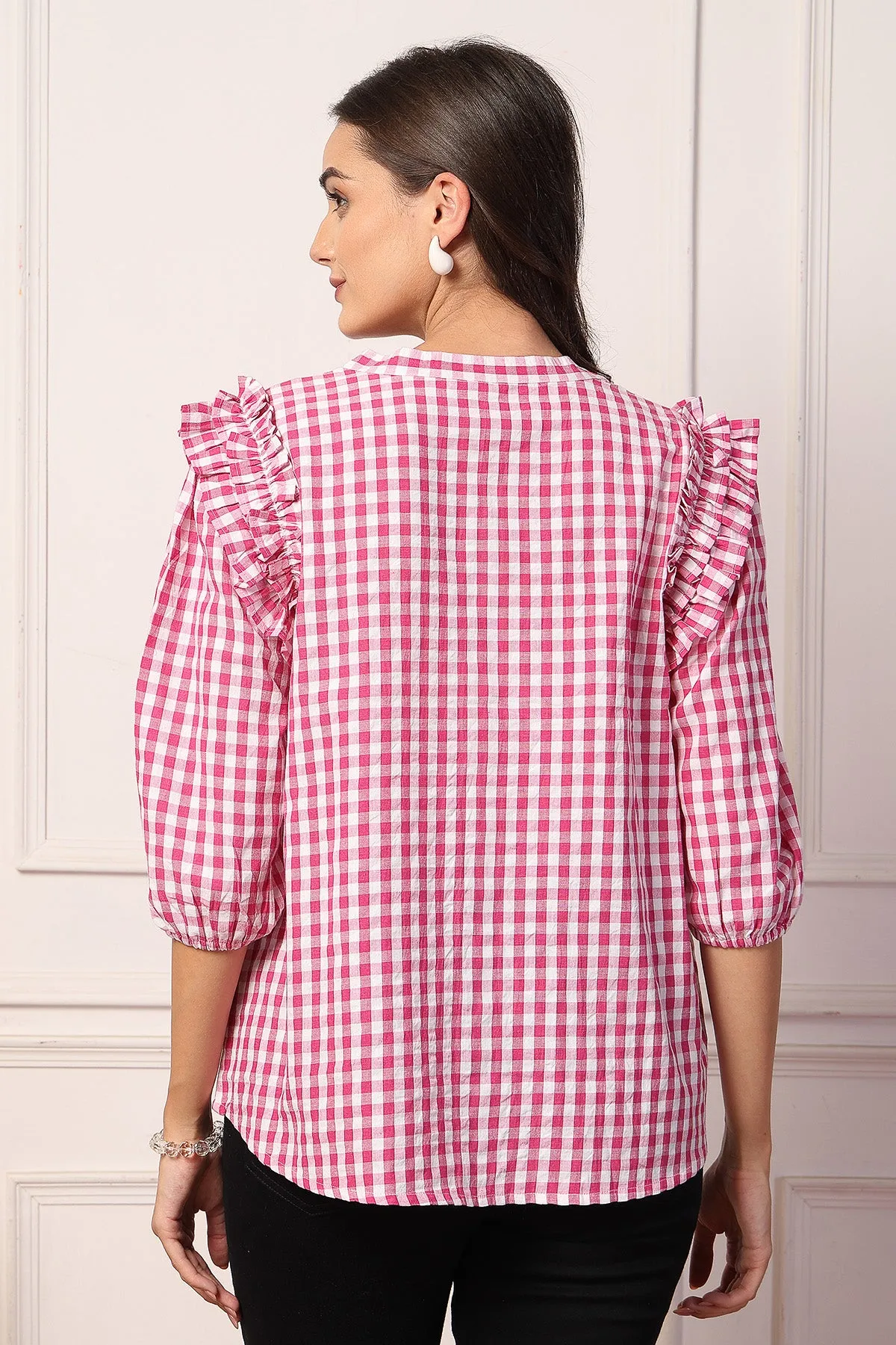 Ruffled Rosy Pink and White Checkered Zipless Feeding Maternity Top