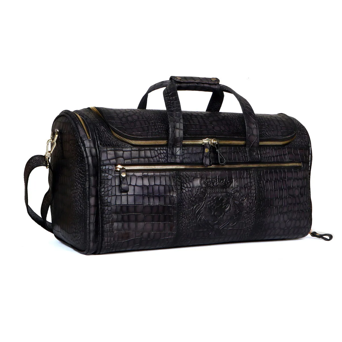 Smokey Finish Grey Leather Duffle Bag in  Croco Textured