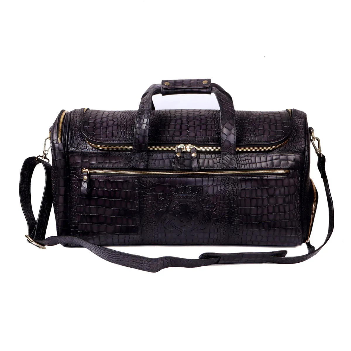 Smokey Finish Grey Leather Duffle Bag in  Croco Textured