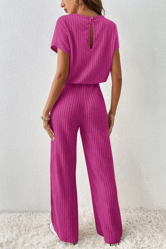 Solid Color Ribbed Short Sleeve Jumpsuit with Wide Legs - Versatile Women's Fashion