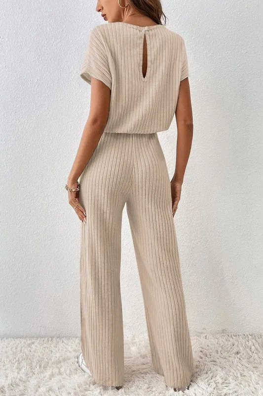 Solid Color Ribbed Short Sleeve Jumpsuit with Wide Legs - Versatile Women's Fashion