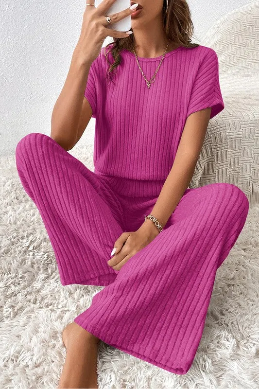 Solid Color Ribbed Short Sleeve Jumpsuit with Wide Legs - Versatile Women's Fashion