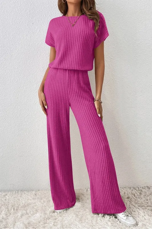 Solid Color Ribbed Short Sleeve Jumpsuit with Wide Legs - Versatile Women's Fashion