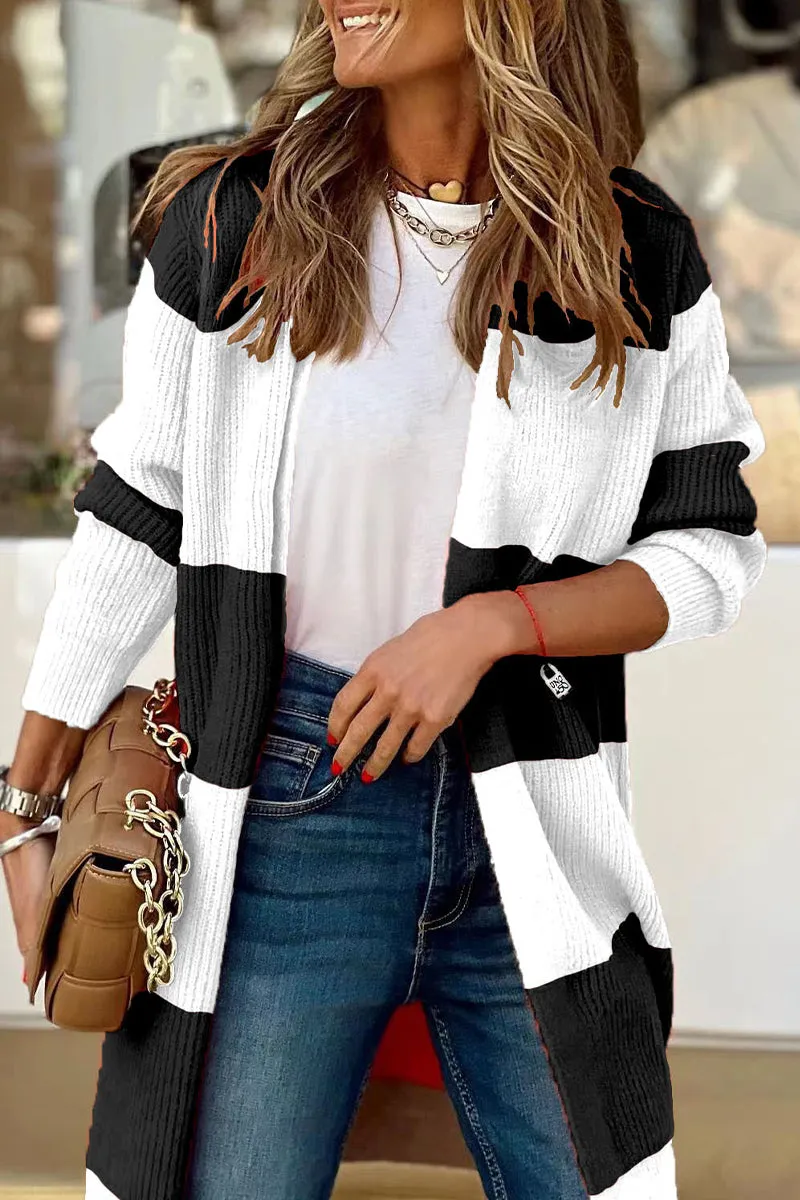 Street Striped Patchwork Cardigan Collar Tops