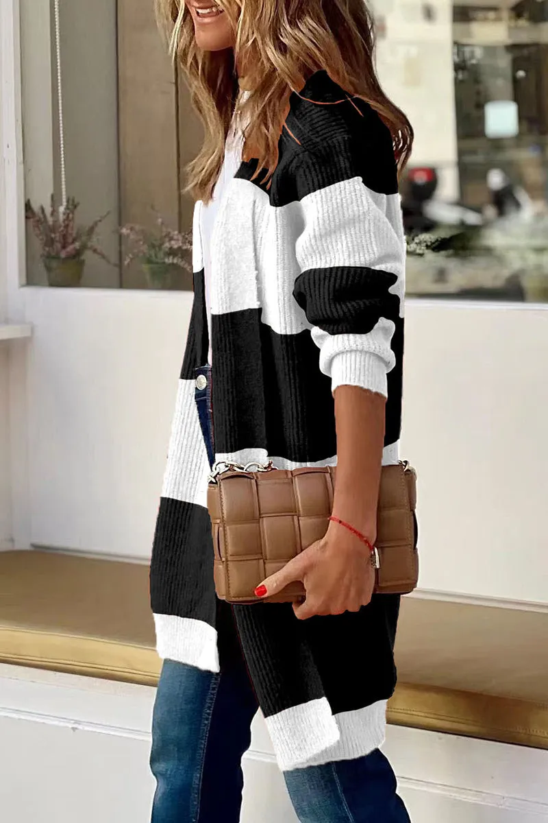 Street Striped Patchwork Cardigan Collar Tops