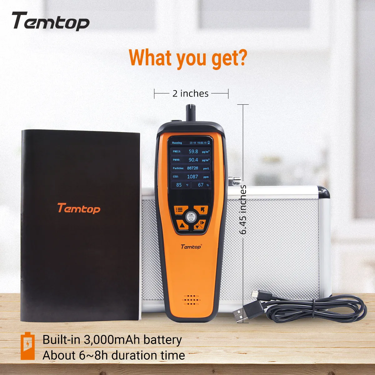 Temtop M2000C 2. CO2 air quality monitor for CO2 PM2.5 PM10 particles, temperature and humidity display, data export