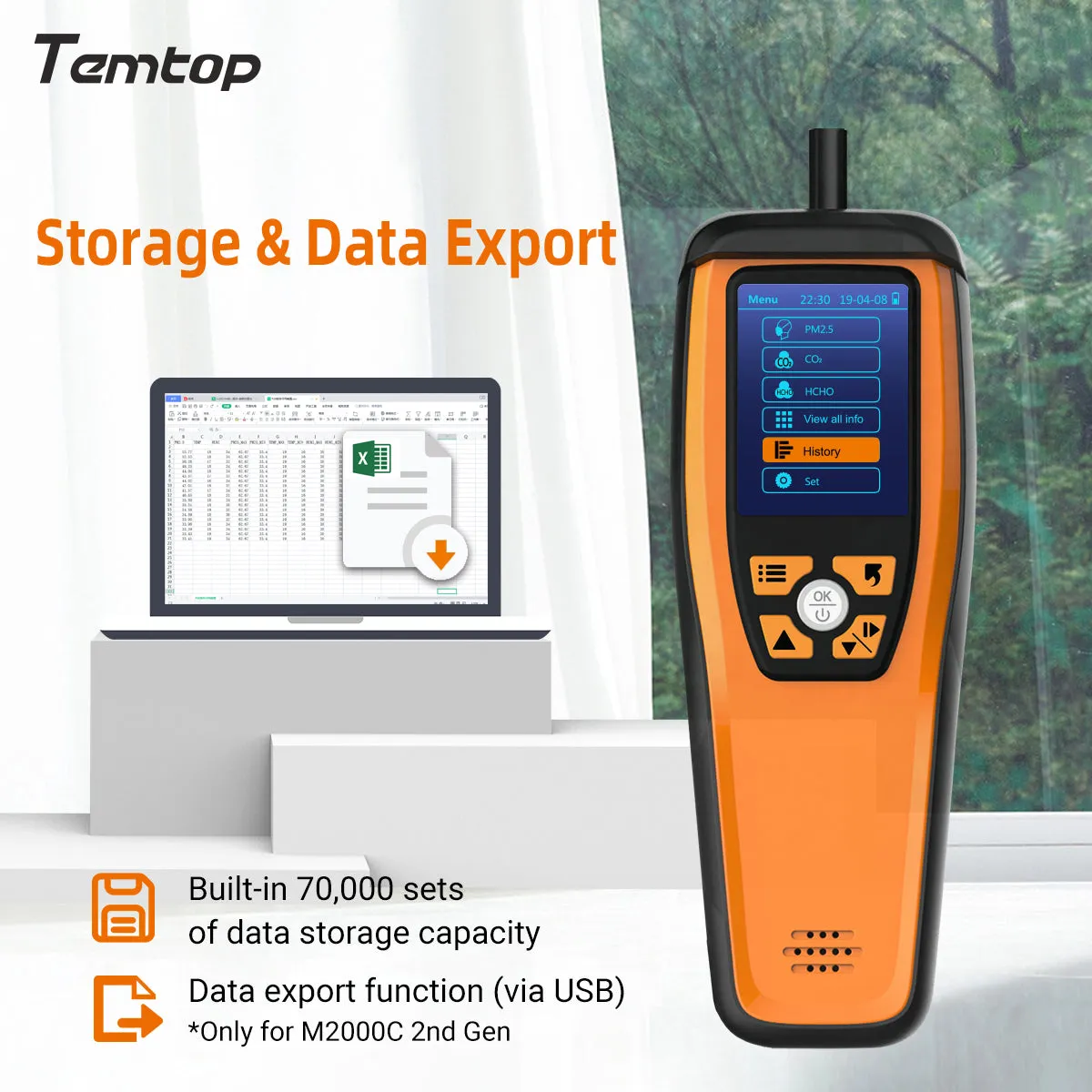 Temtop M2000C 2. CO2 air quality monitor for CO2 PM2.5 PM10 particles, temperature and humidity display, data export