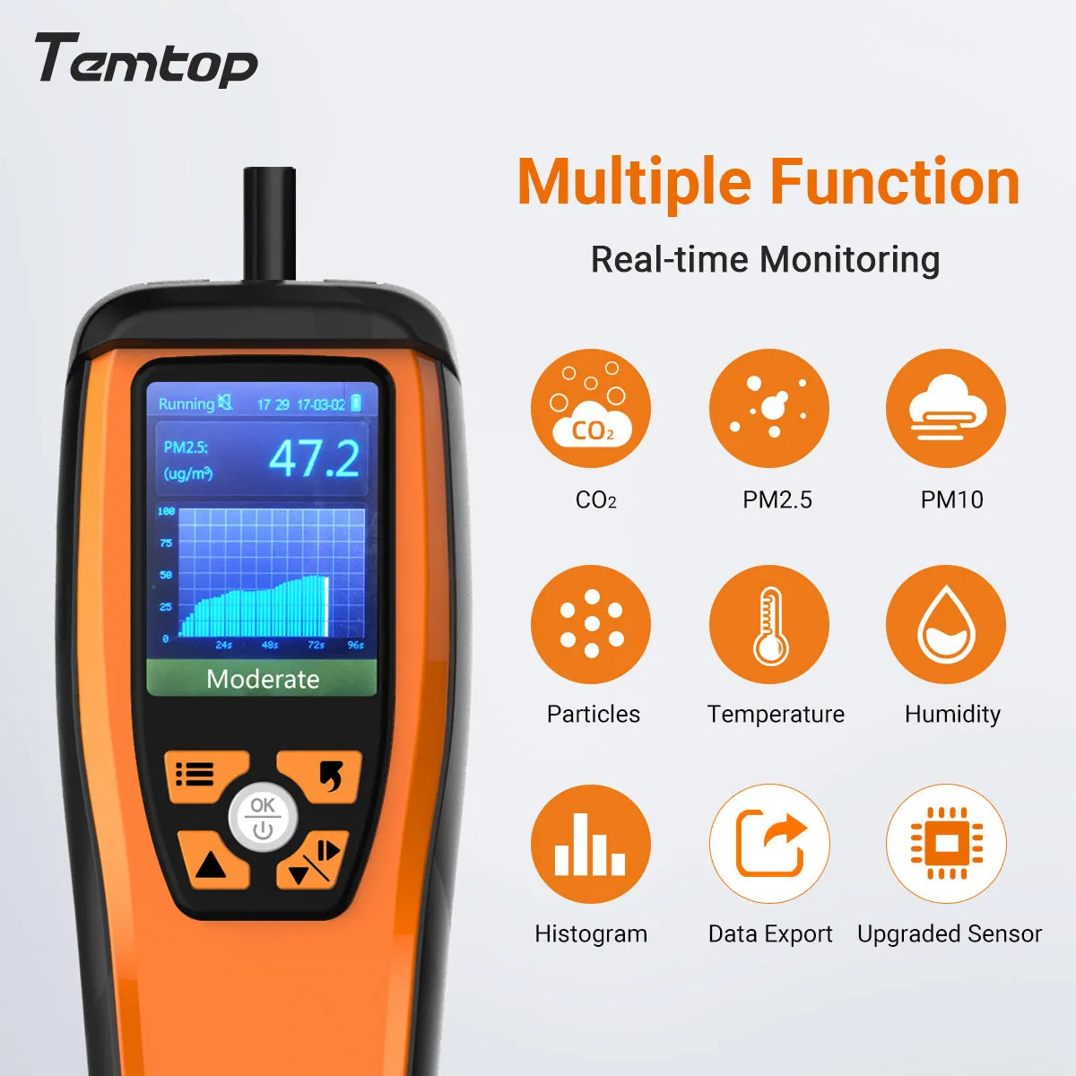 Temtop M2000C 2. CO2 air quality monitor for CO2 PM2.5 PM10 particles, temperature and humidity display, data export