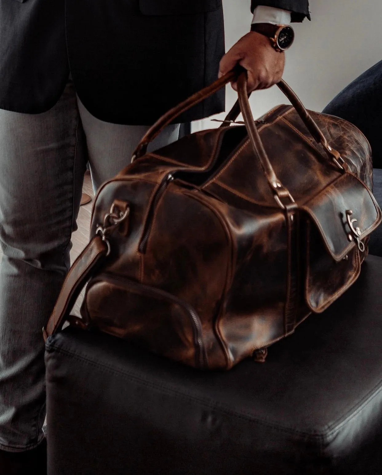 The “Hemingway” Buffalo Leather Duffle Bag by Vintage Gentlemen