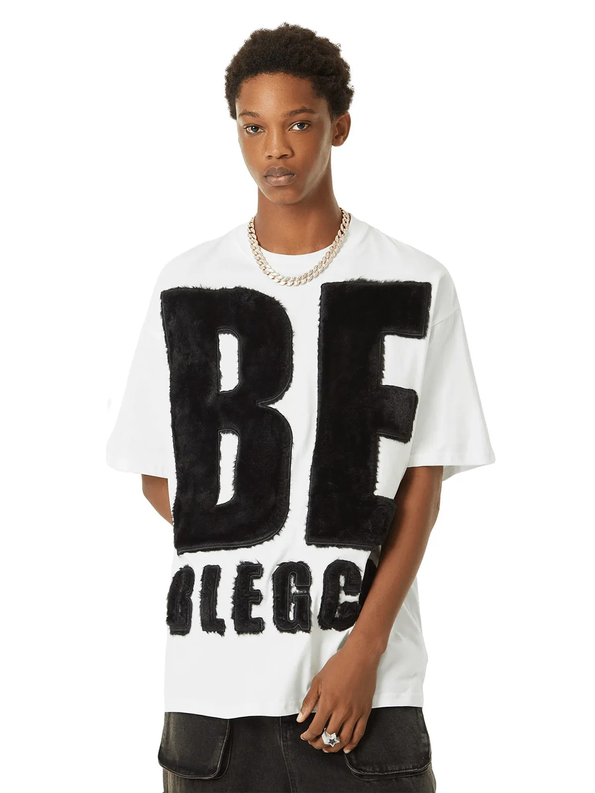 Thesupermade Suede Embroidered Letters Street Rap T-shirt - 2047