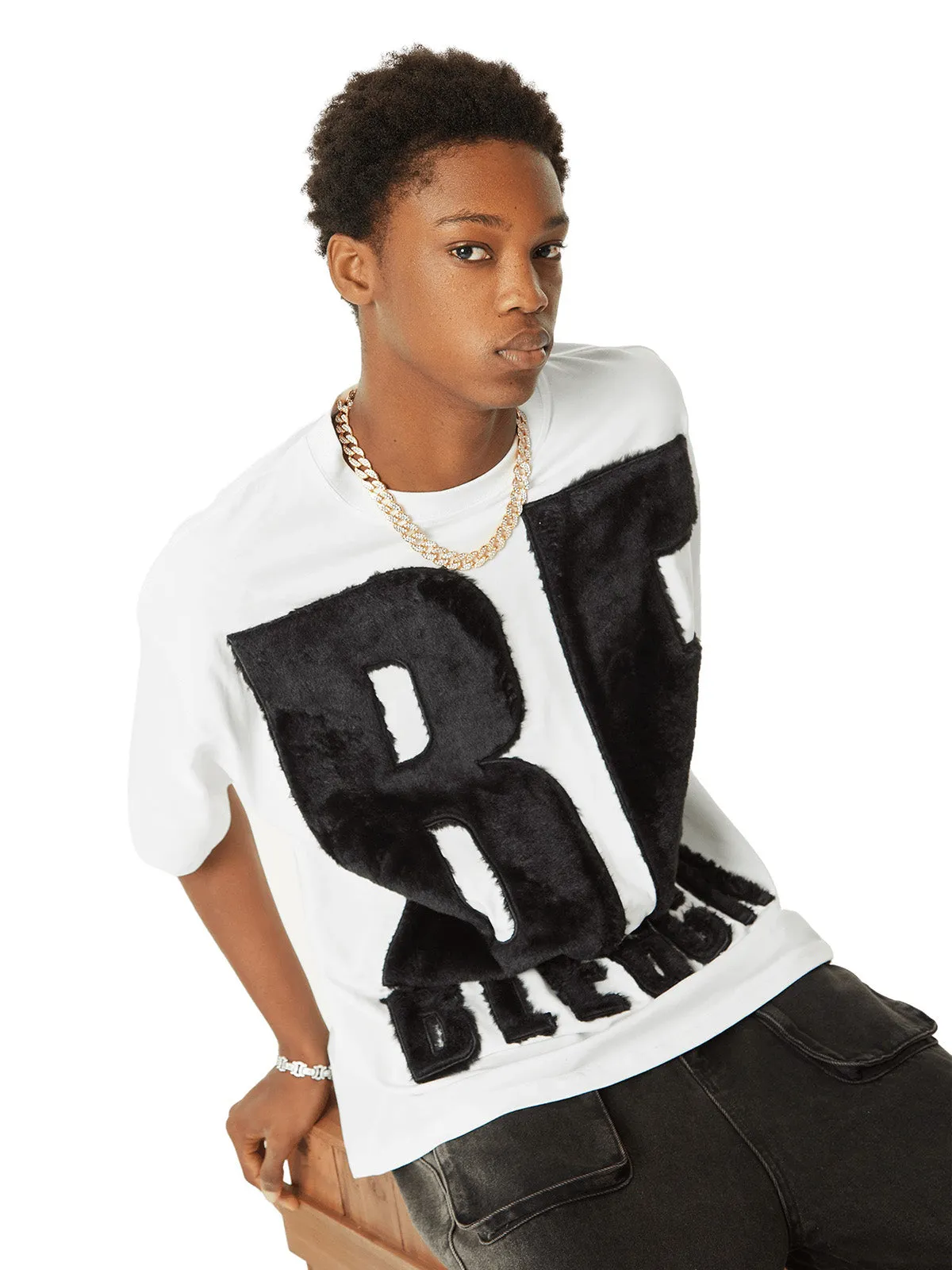 Thesupermade Suede Embroidered Letters Street Rap T-shirt - 2047