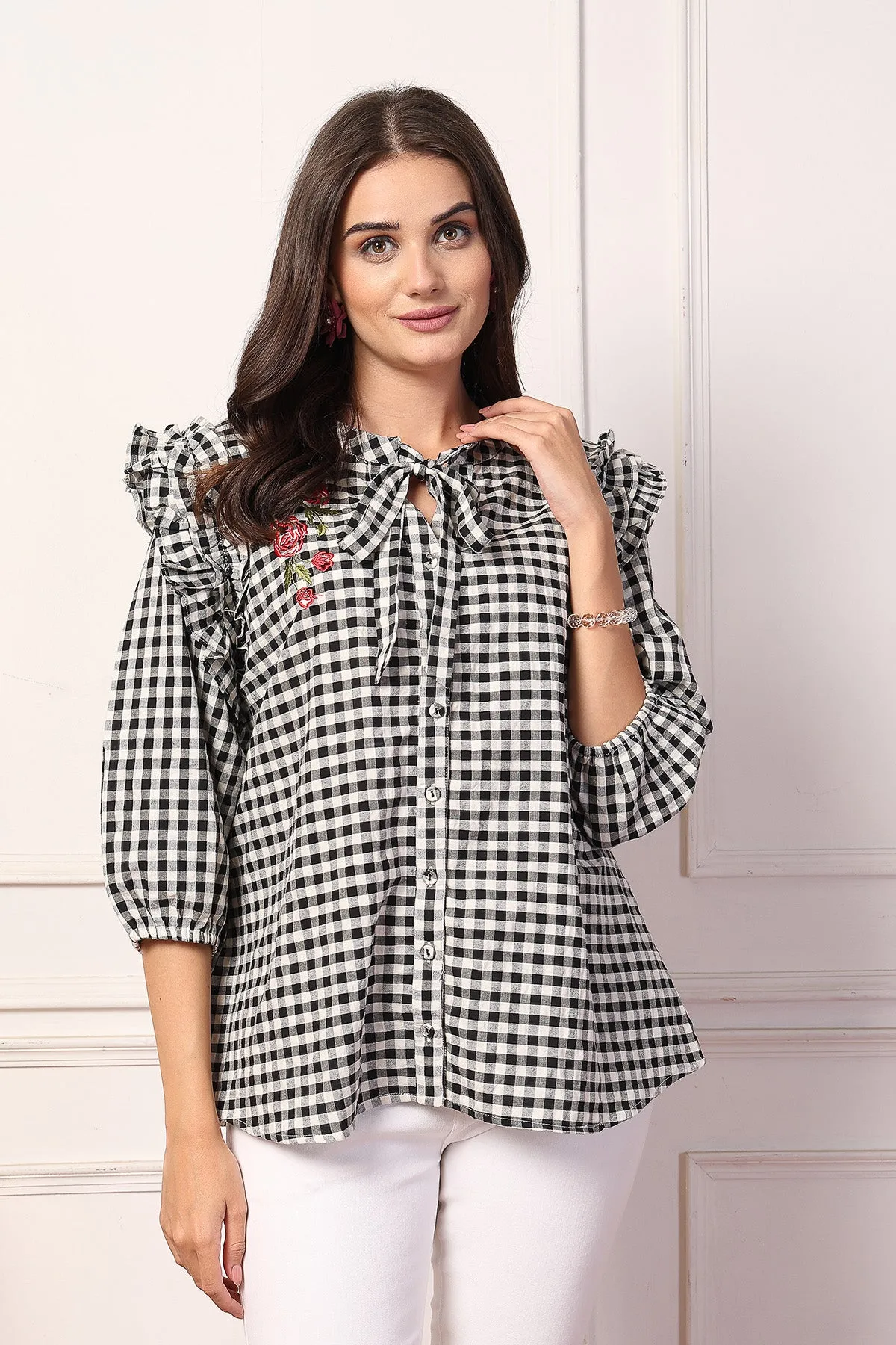 Vintage Charm Black and White Checkered Zipless Feeding Maternity Top