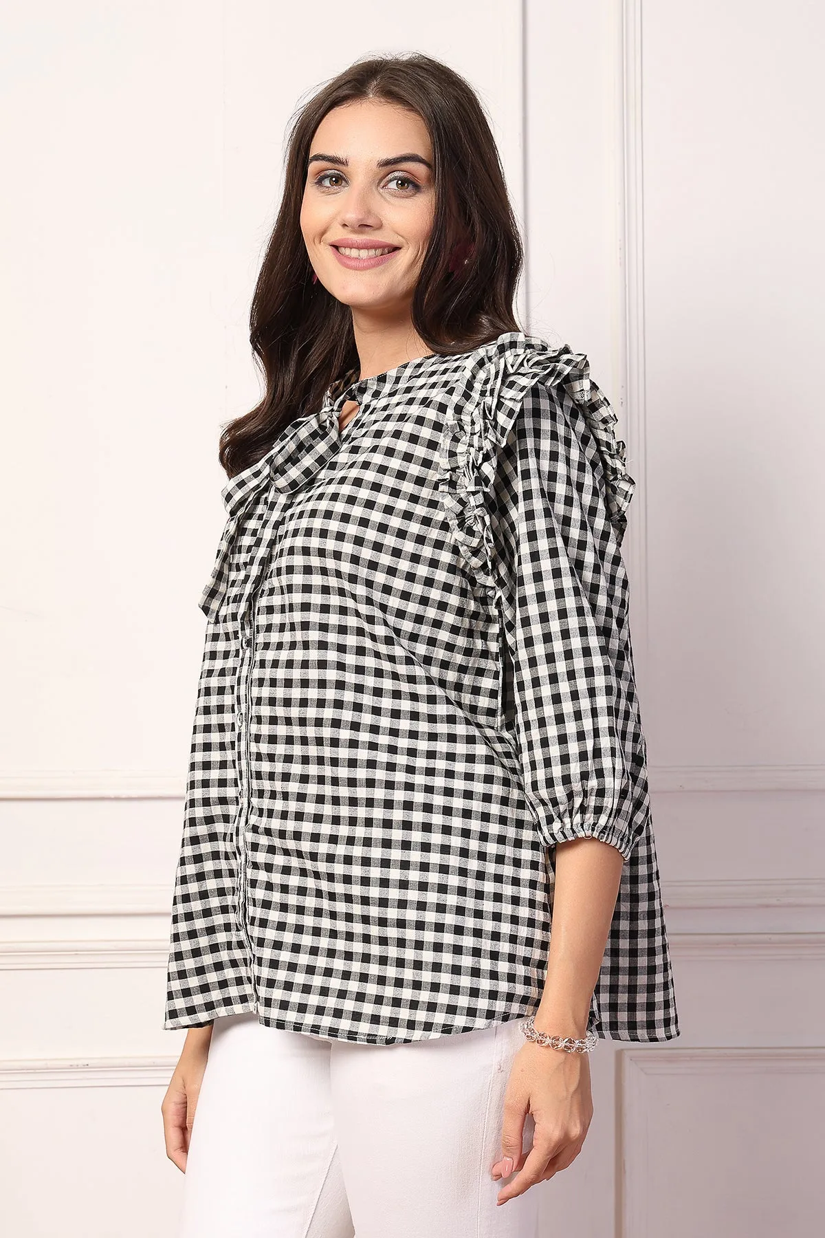 Vintage Charm Black and White Checkered Zipless Feeding Maternity Top