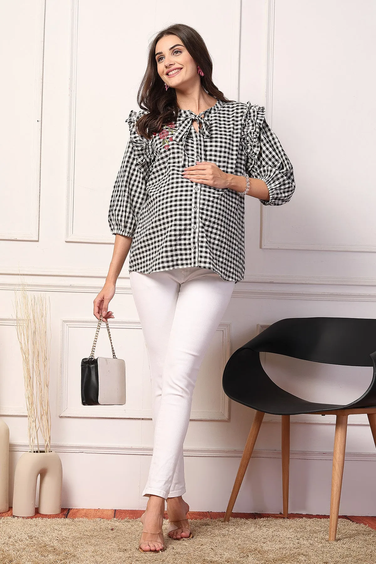 Vintage Charm Black and White Checkered Zipless Feeding Maternity Top