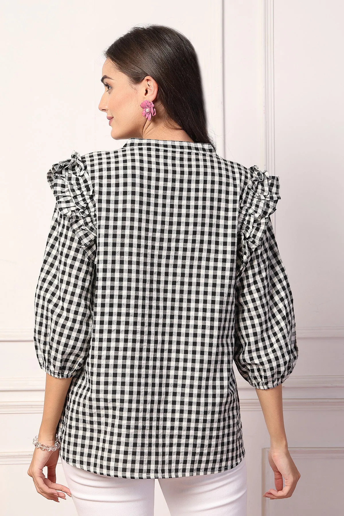 Vintage Charm Black and White Checkered Zipless Feeding Maternity Top