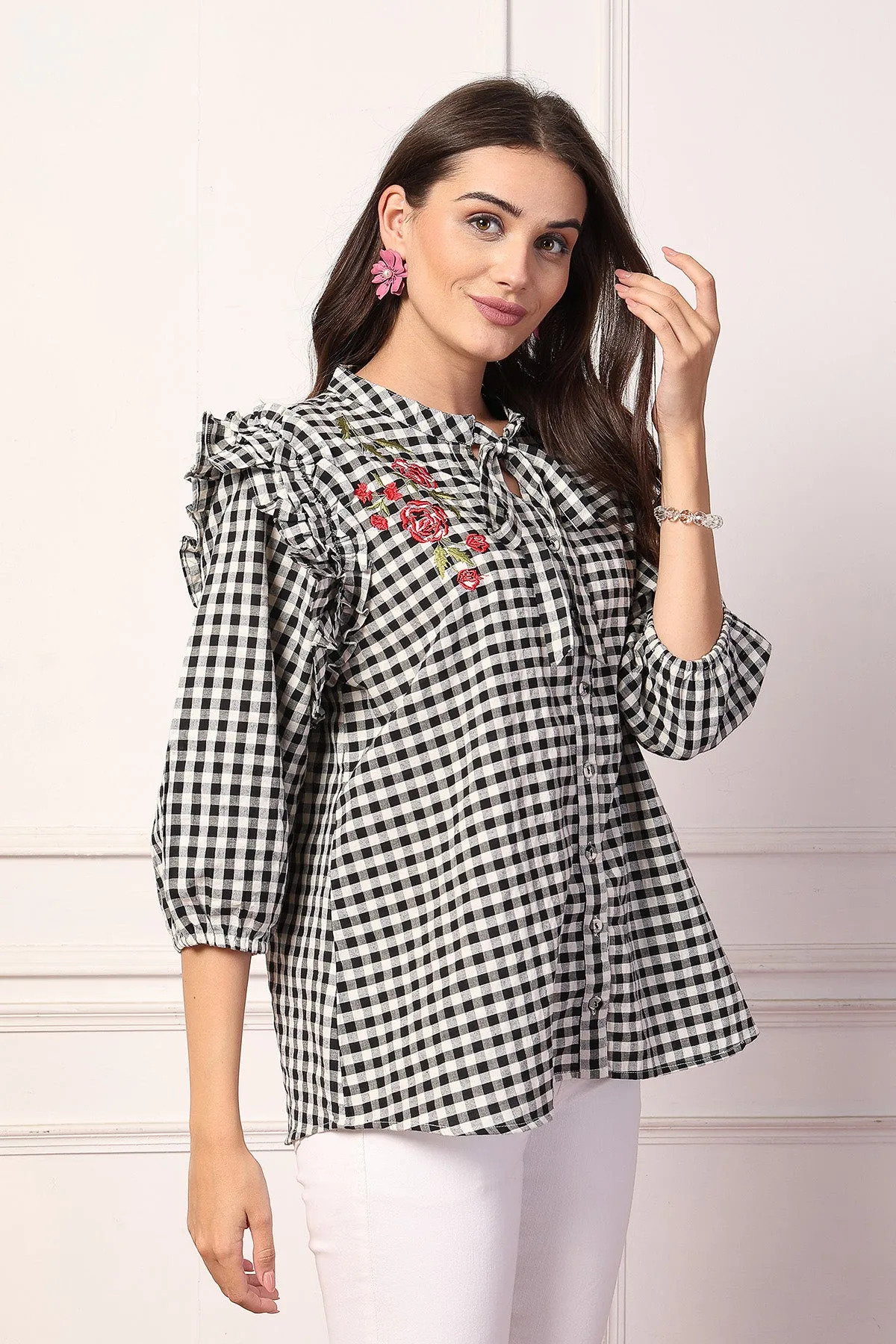 Vintage Charm Black and White Checkered Zipless Feeding Maternity Top