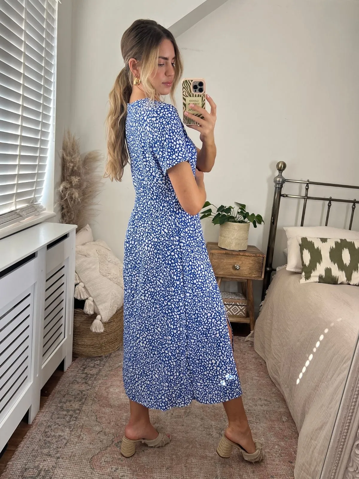 Winnie V Neck Midi Dress /  Blue Spot