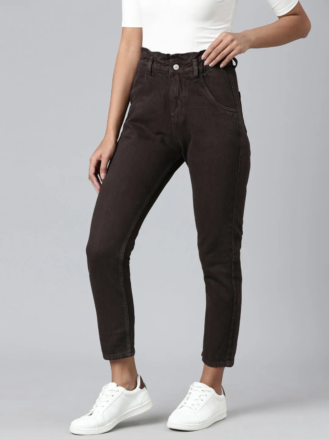 Women Coffee Brown Solid Mom Fit Denim Jeans