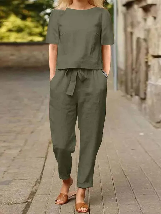 Women's Loungewear Sets Pure Color Fashion Simple Casual Street Date Airport Cotton And Linen Breathable Crew Neck Half Sleeve T shirt Tee Pant Pocket Summer Spring Army Green Orange