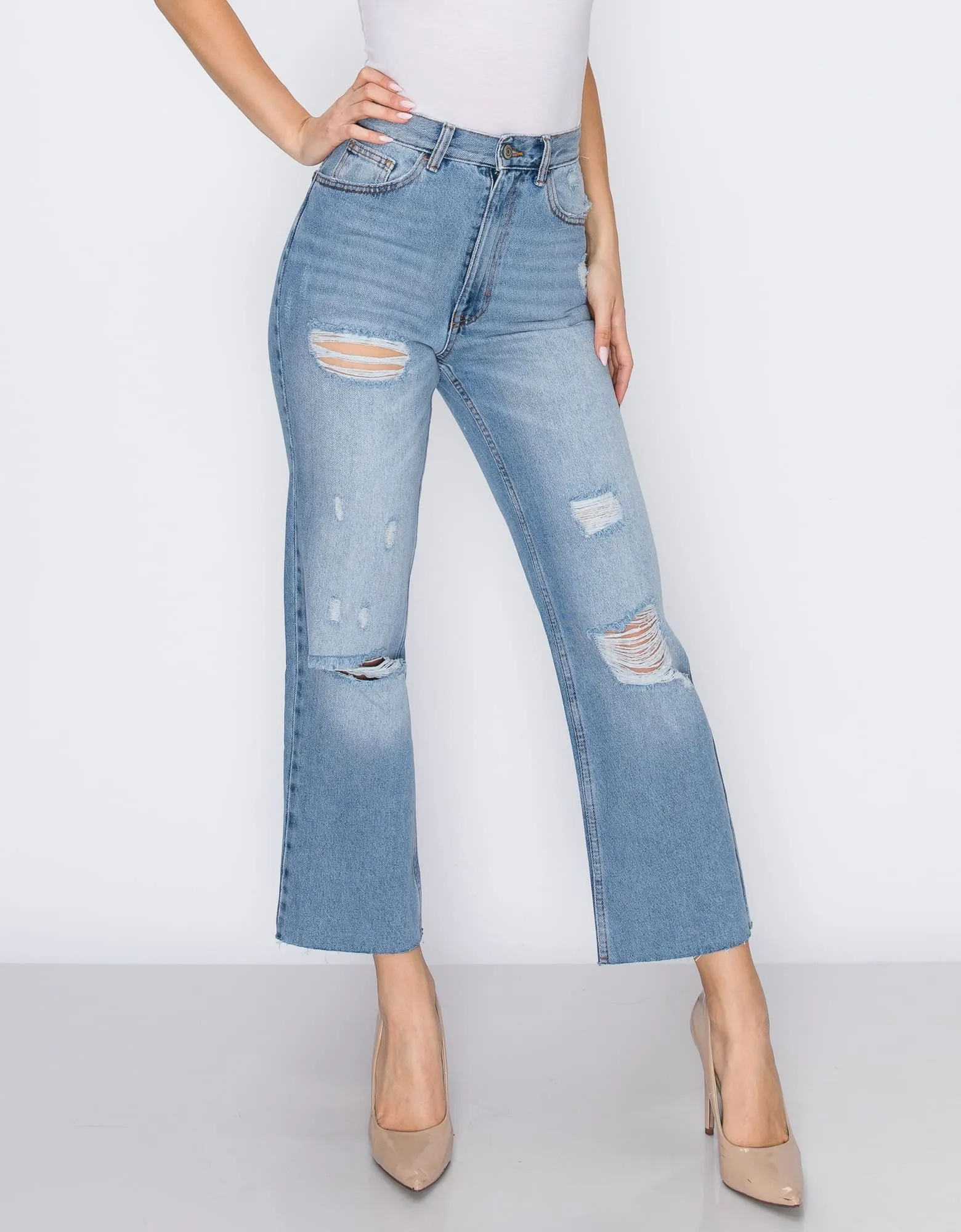 WOMEN'S MARIA MOM STRAIGHT RIPPED JEANS