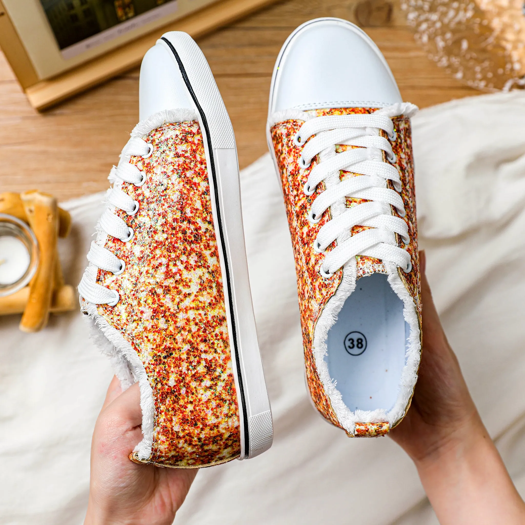 Women's Orange Lace Up Low Top Canvas Shoes