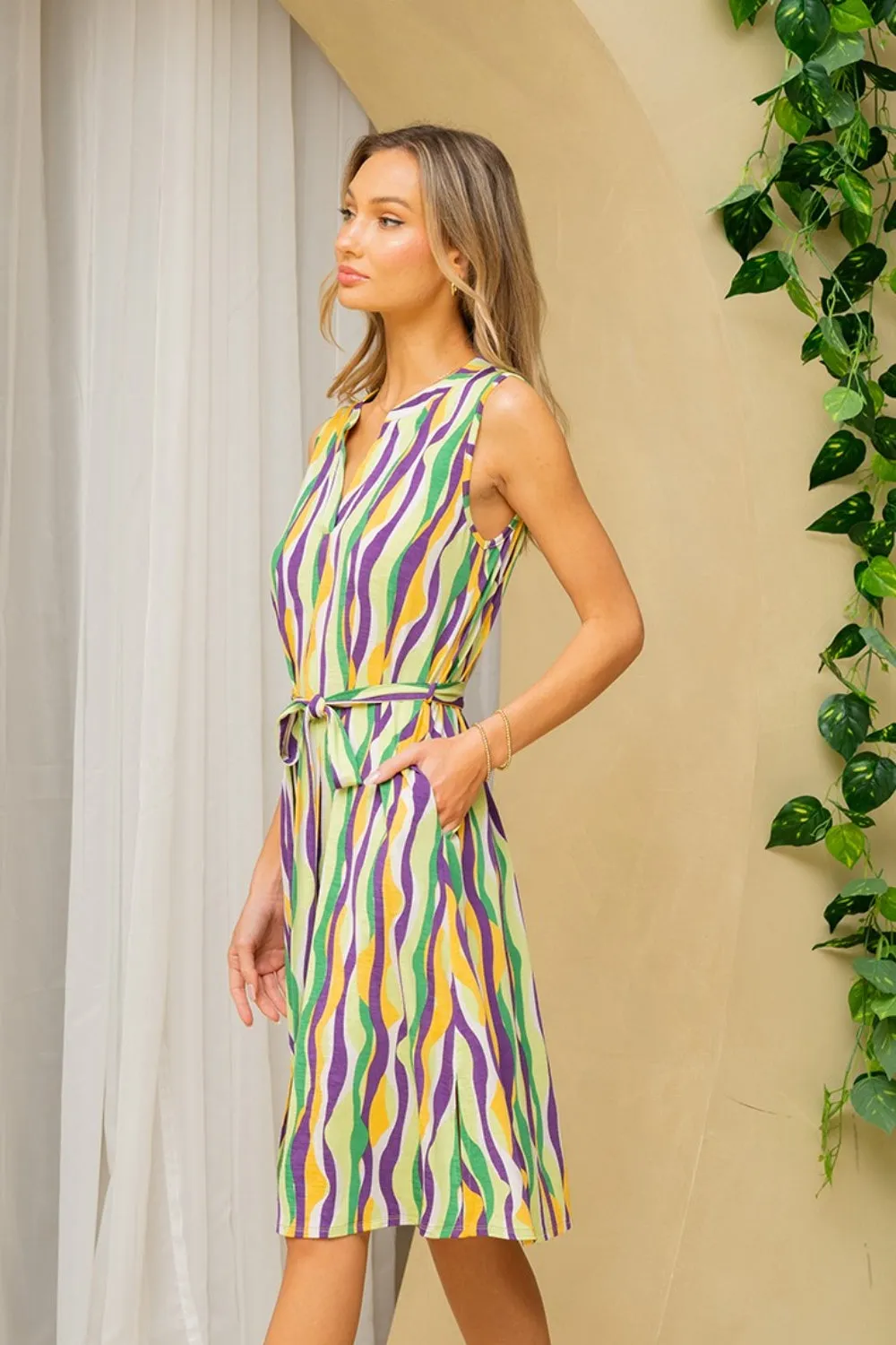 Women's Sew In Love Full Size Stripe Tied Sleeveless Dress with Side Pockets